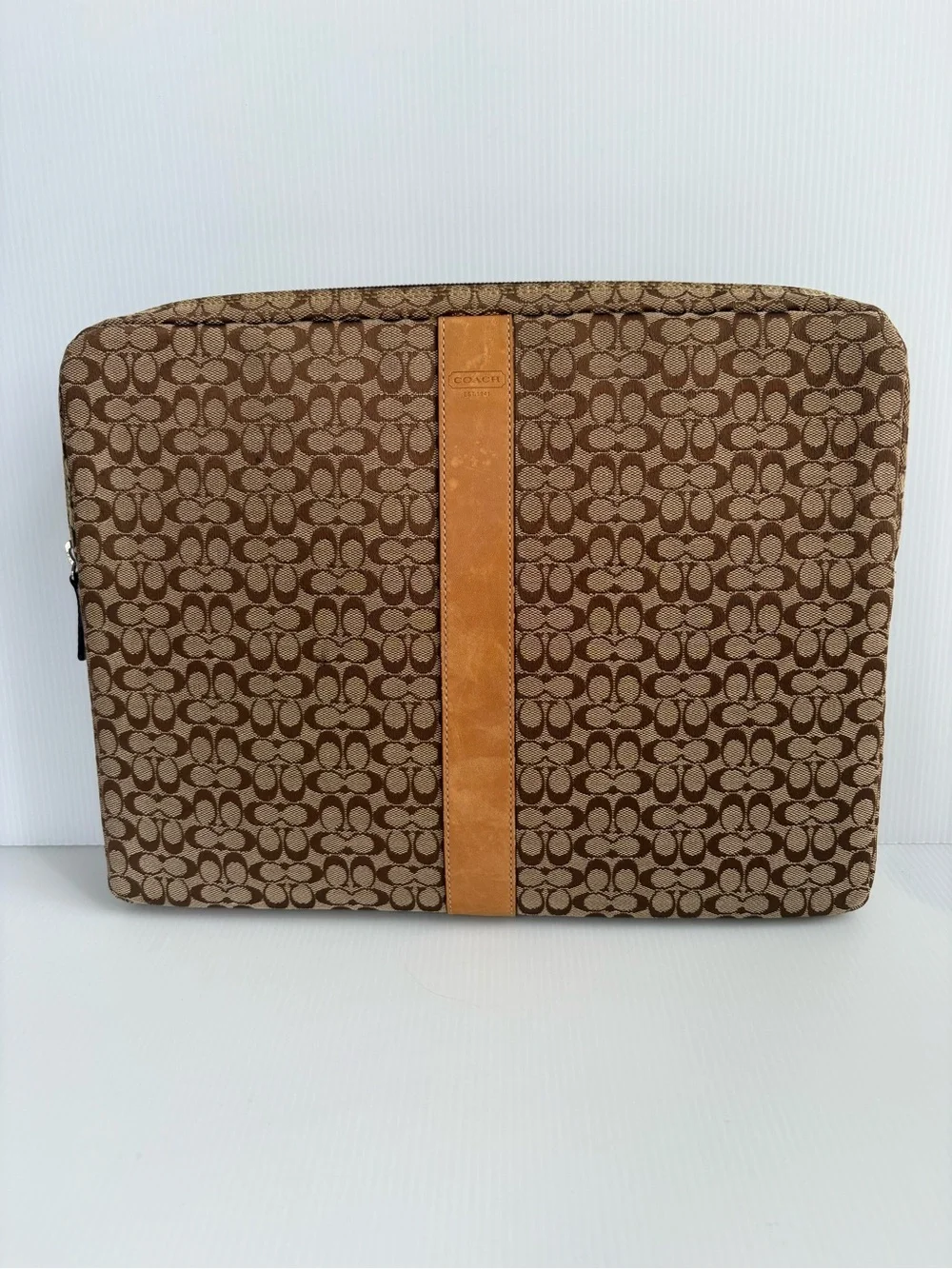 Coach Brown Signature Canvas Laptop Sleeve with Tan Stripe